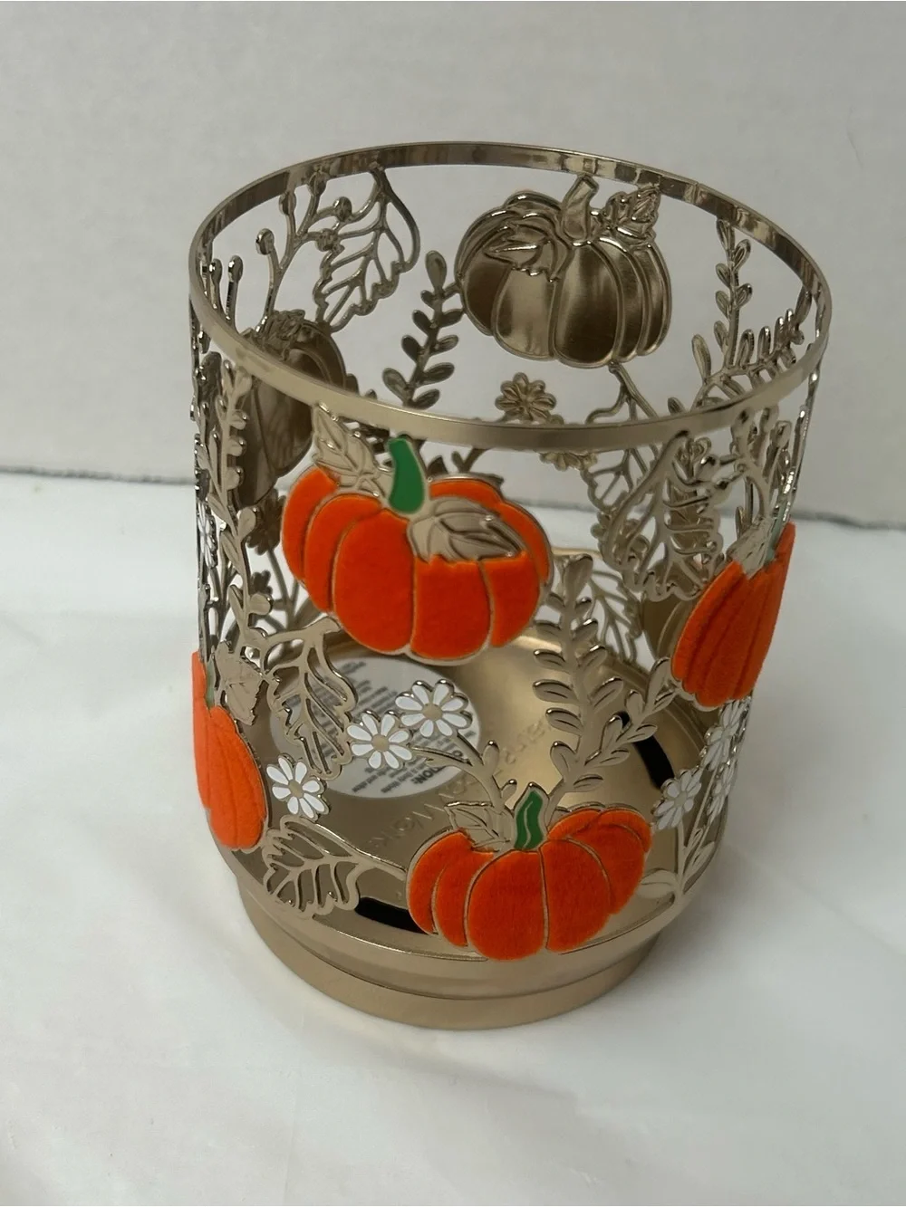 Bath & Body Works Candle Holder Gold Tone Flocked Pumpkins Halloween